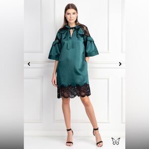 NWT Self-Portrait Lace Shoulder Mini Dress Dark Green/ Black Size 6